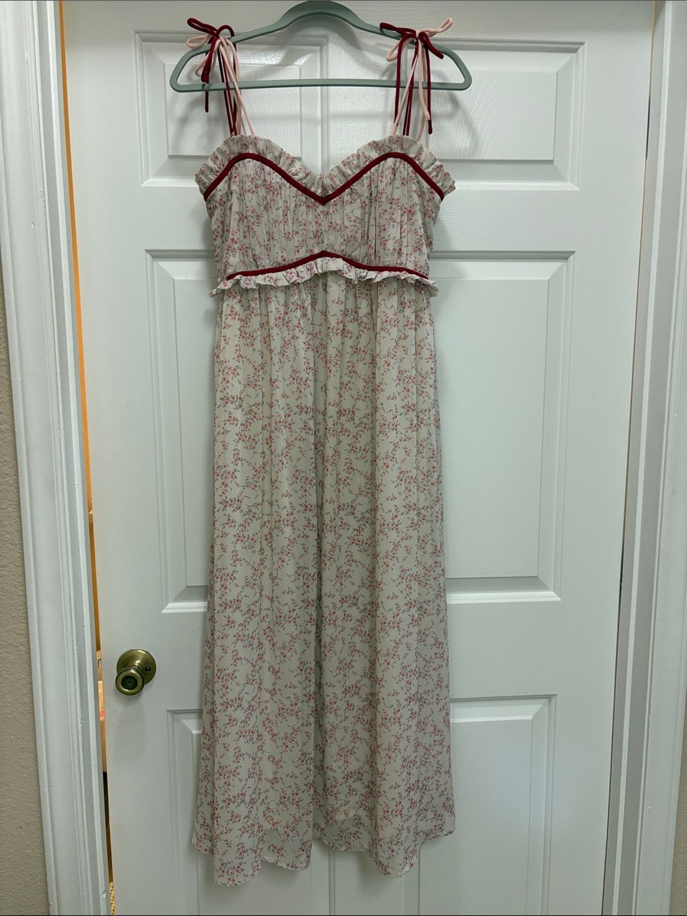 Floral Ruffle Maxi Dress with Burgundy Trim